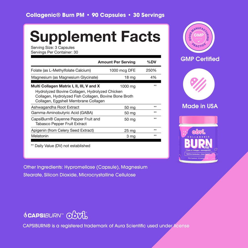Obvi Collagenic Burn PM, ashwaganda para calma emocional.