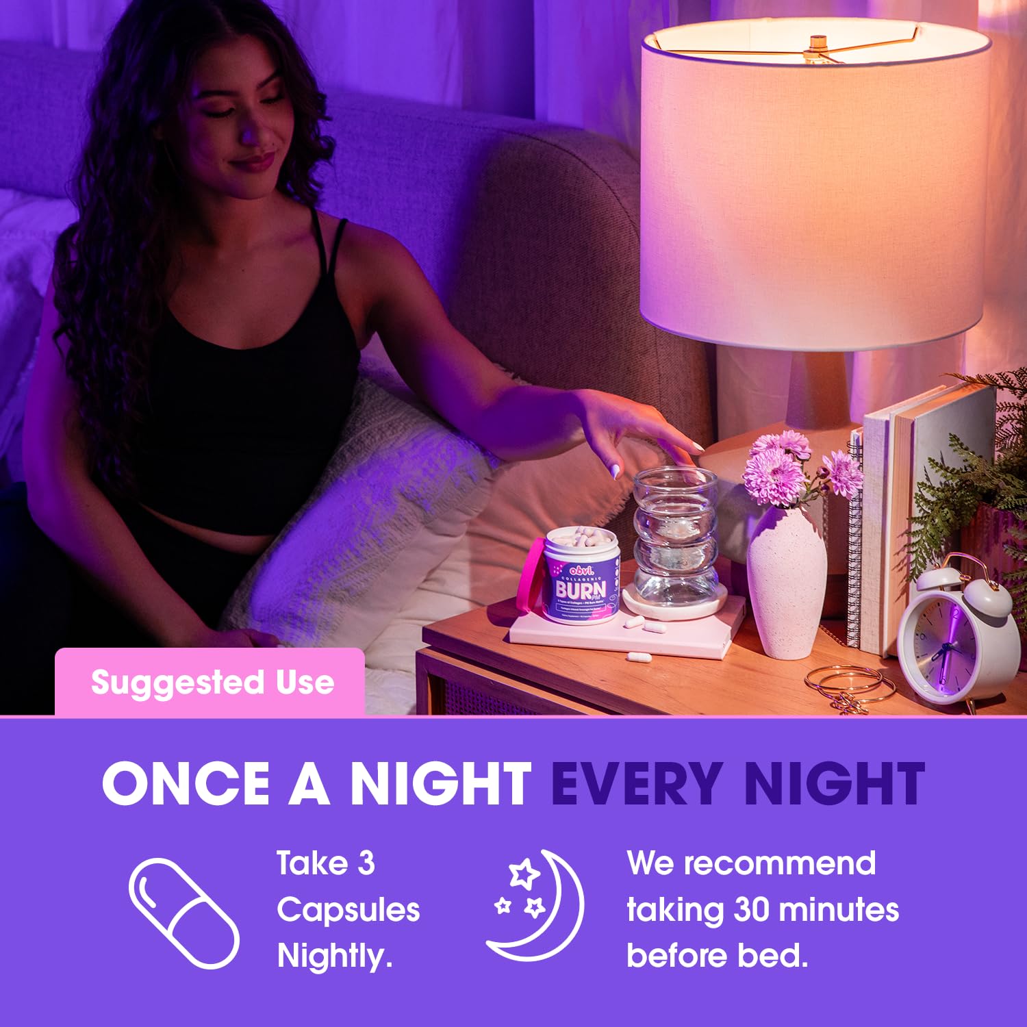 Obvi Collagenic Burn PM, uso nocturno para relajación y sueño.