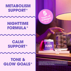 Obvi Collagenic Burn PM, etiqueta resalta capsiburn para metabolismo nocturno.