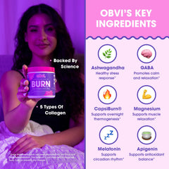 Obvi Collagenic Burn PM, melatonina y gaba para descanso profundo.