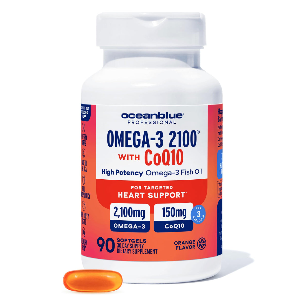 Oceanblue envase frontal Omega‑3 2100 mostrando etiqueta y beneficios
