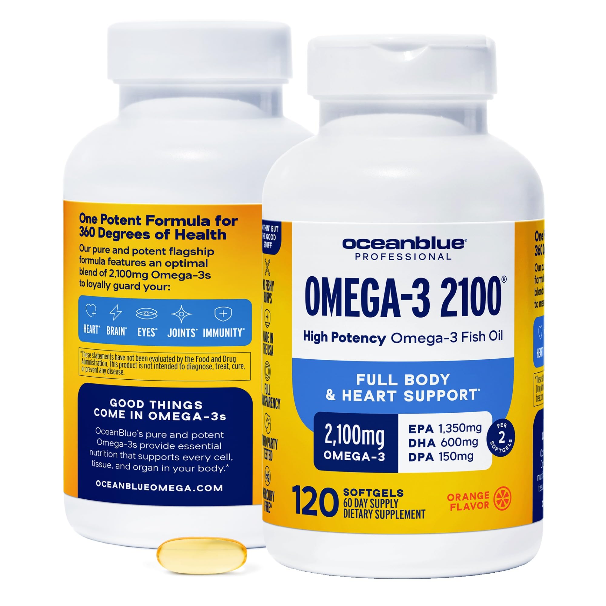 Oceanblue frasco frente mostrando etiqueta y potencia omega‑3 para confianza