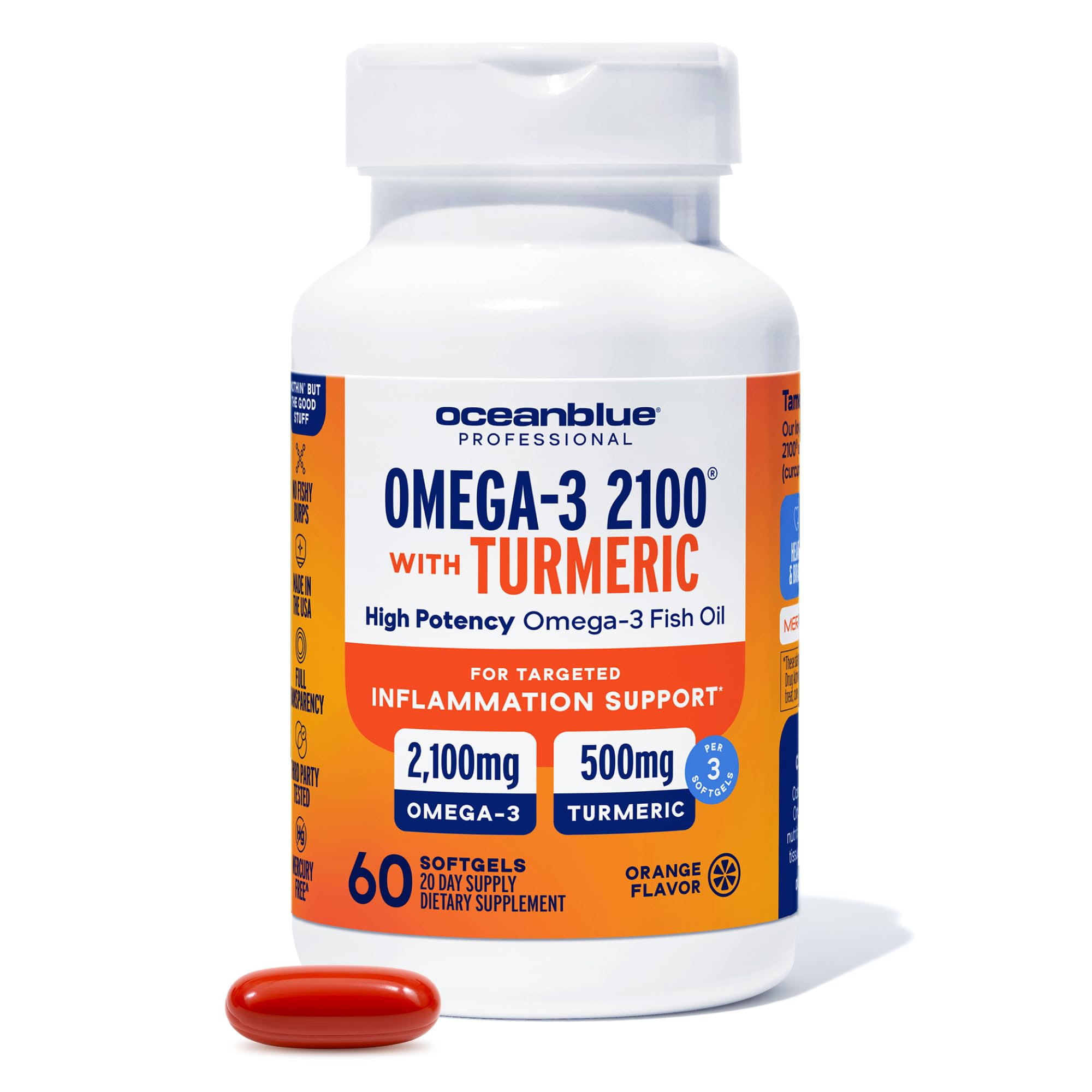 Oceanblue botella frontal de Omega-3 2100 mostrando etiqueta clara