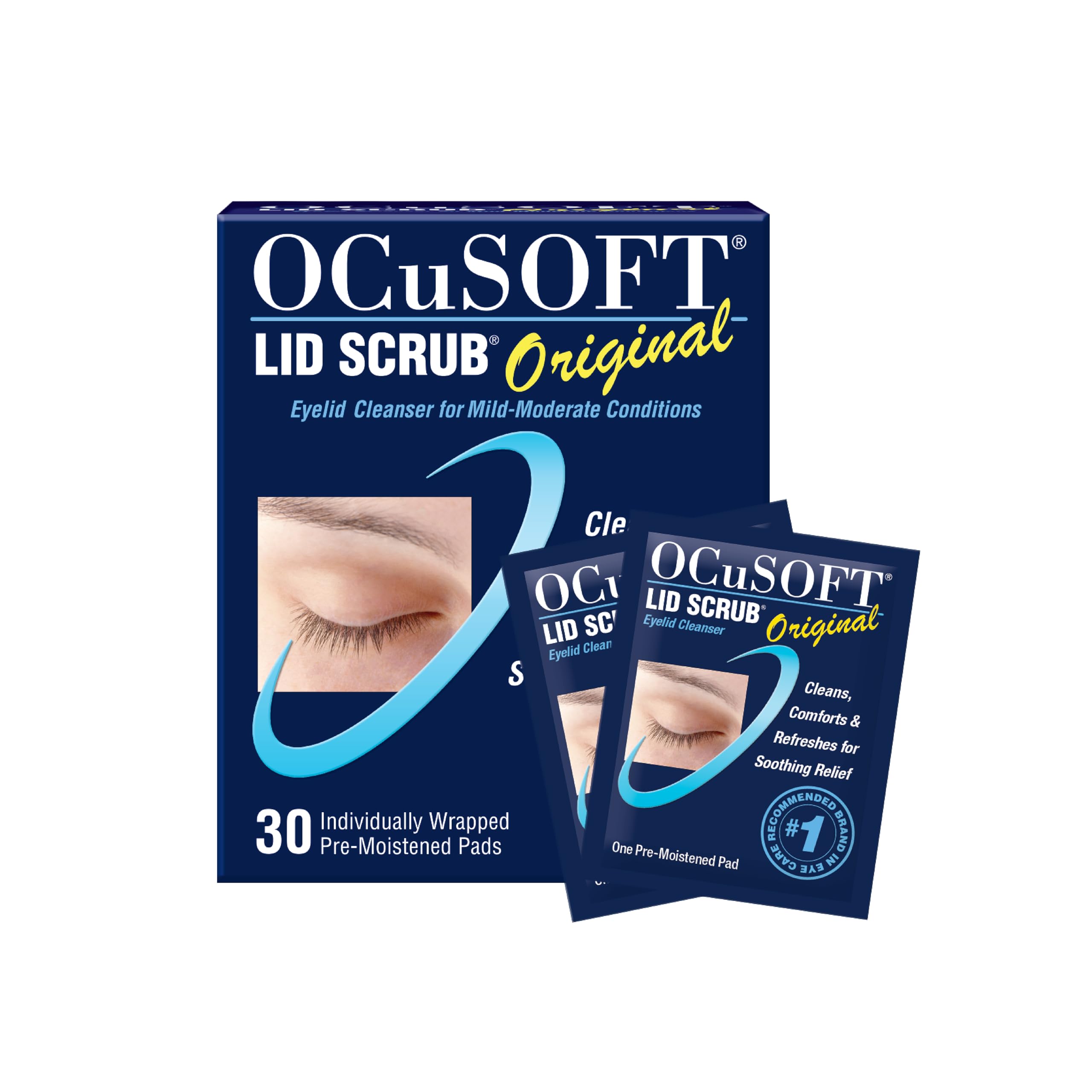 OCuSOFT empaque frontal mostrando caja de 30 toallitas para limpieza ocular, transporte cómodo