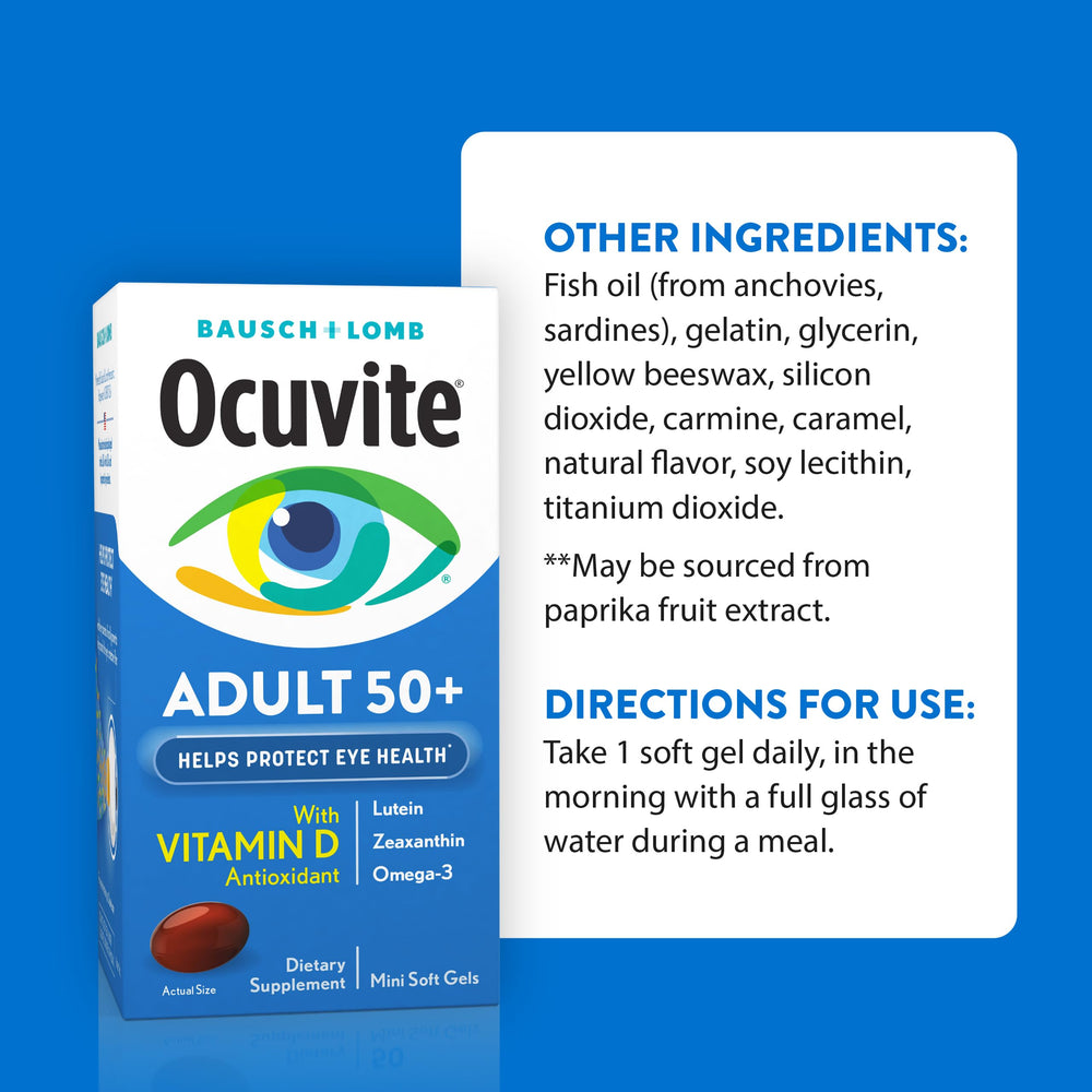 Vista lateral del empaque Ocuvite 50+ mostrando cantidad de 90 softgels