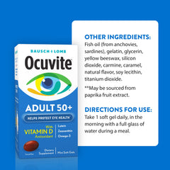 Vista lateral del empaque Ocuvite 50+ mostrando cantidad de 90 softgels