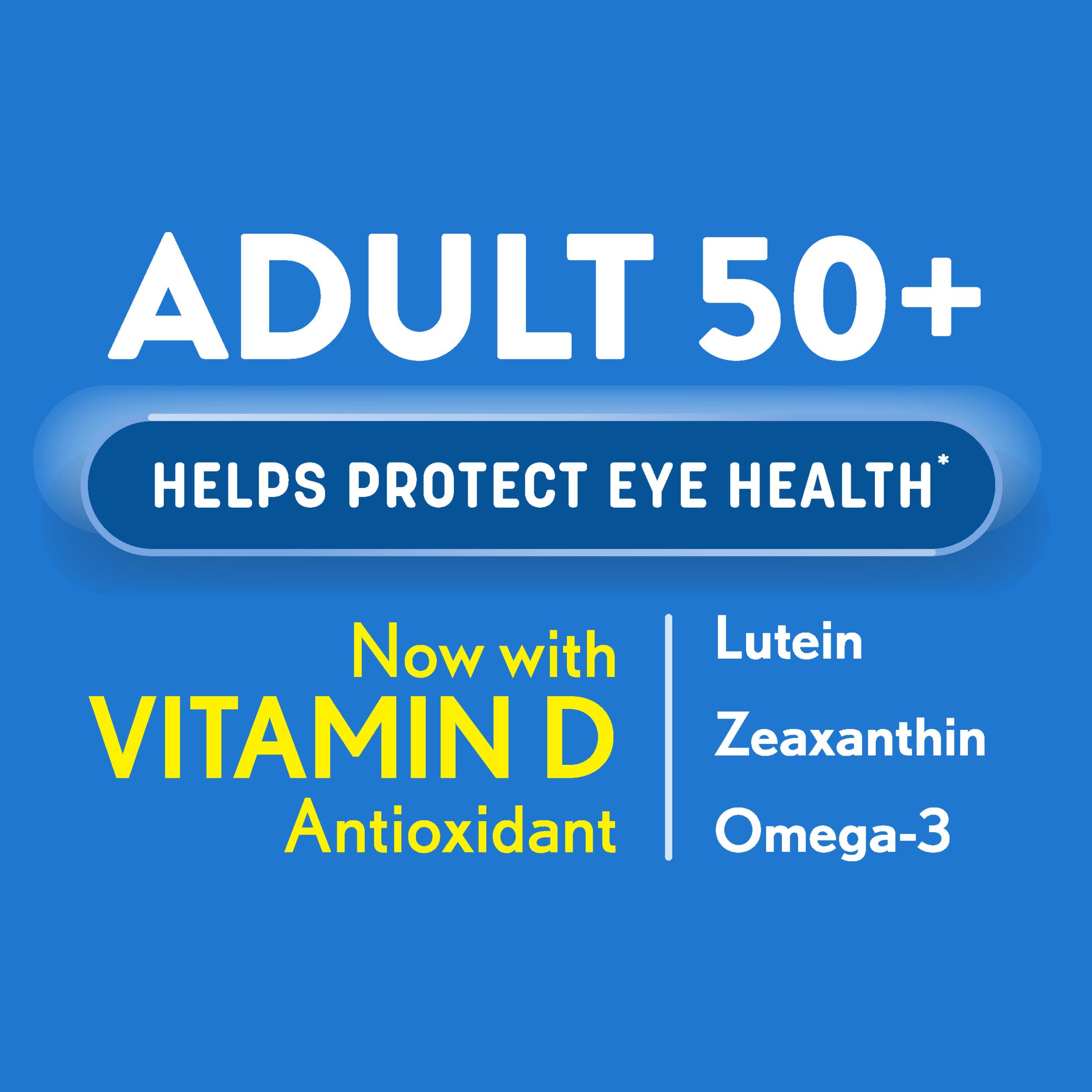 Softgel Ocuvite 50+ en primer plano fácil de tragar y sin colorantes