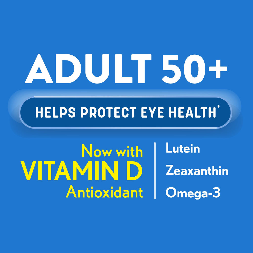 Softgel Ocuvite 50+ en primer plano fácil de tragar y sin colorantes