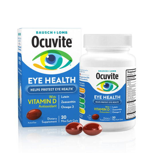 Ocuvite frente del empaque mostrando beneficios y marca Bausch + Lomb