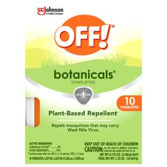 OFF! Botanicals empaque frontal mostrando toallitas individuales y beneficios portátiles