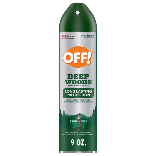 OFF! Deep Woods aerosol frente mostrando envase y beneficio protección duradera
