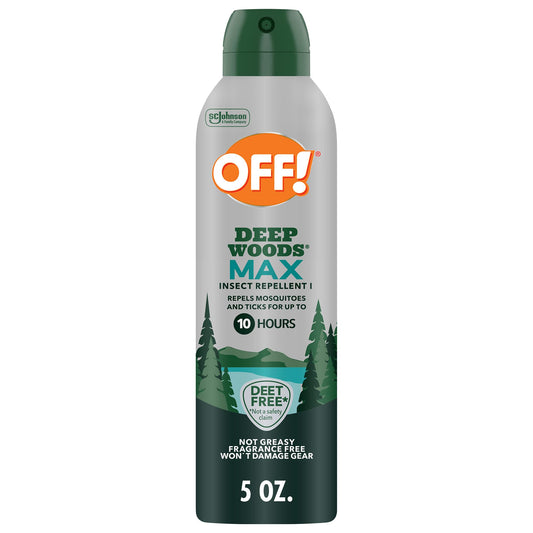 OFF! Deep Woods Max frontal mostrando el aerosol y beneficio de protección