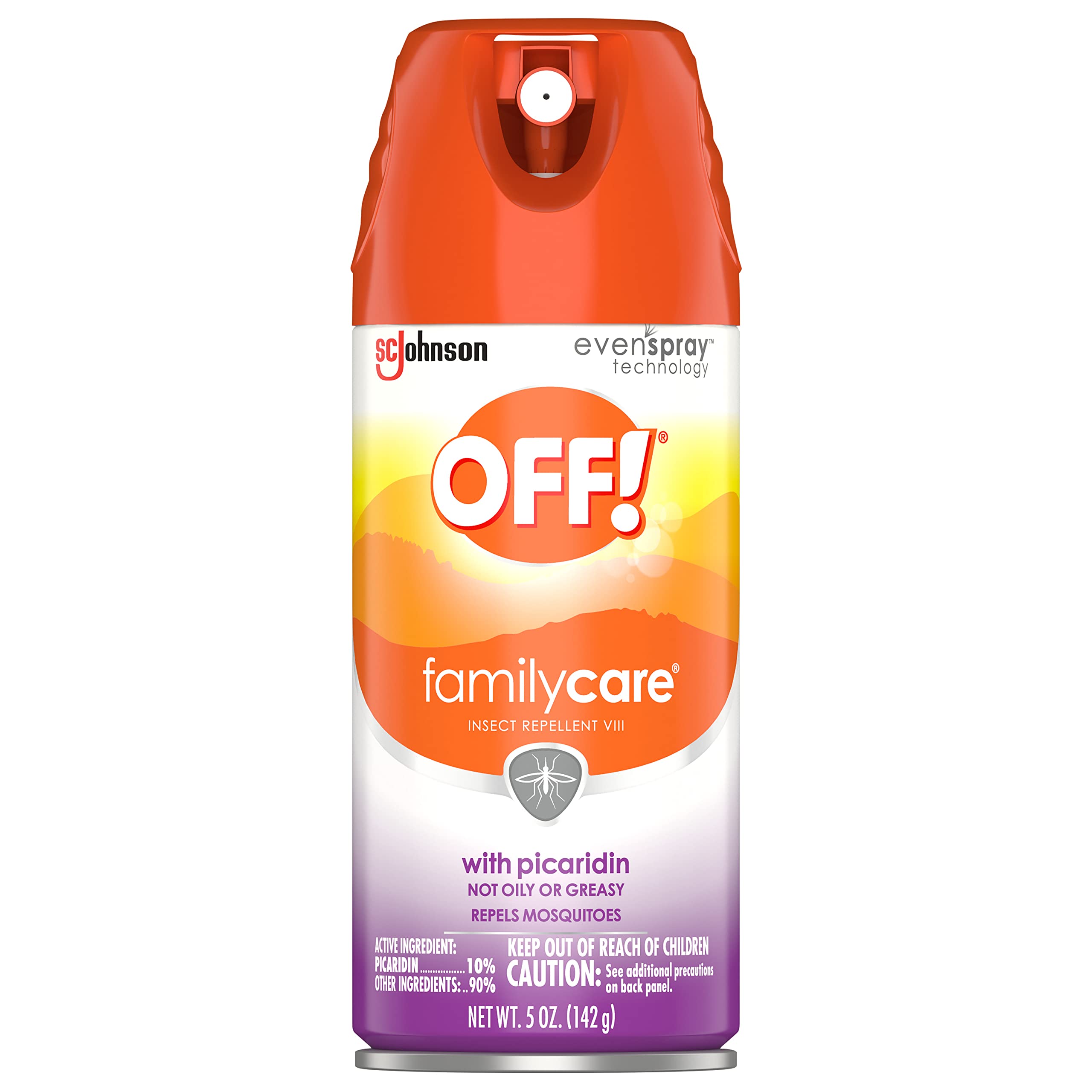 OFF! envase frontal del aerosol mostrando etiqueta y tamaño, protección rápida