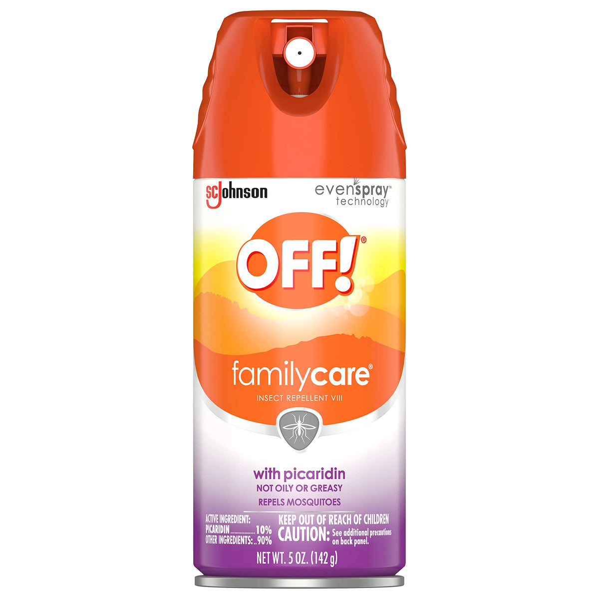 OFF! envase frontal del aerosol mostrando etiqueta y tamaño, protección rápida