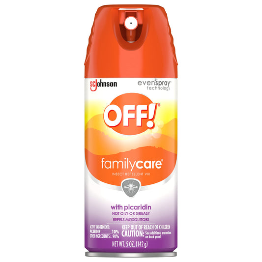 OFF! envase frontal del aerosol mostrando etiqueta y tamaño, protección rápida