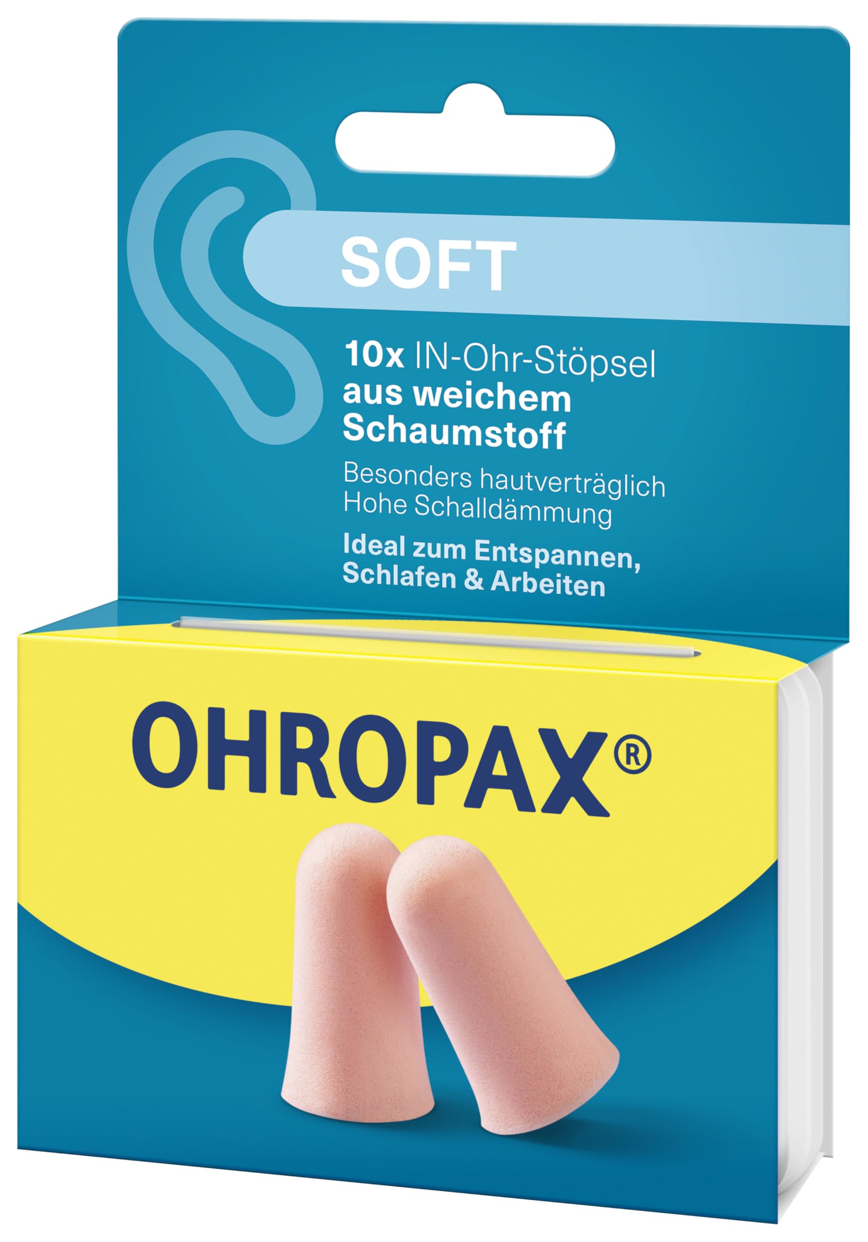 OHROPAX embalaje frontal del producto mostrando 10 tapones y beneficios