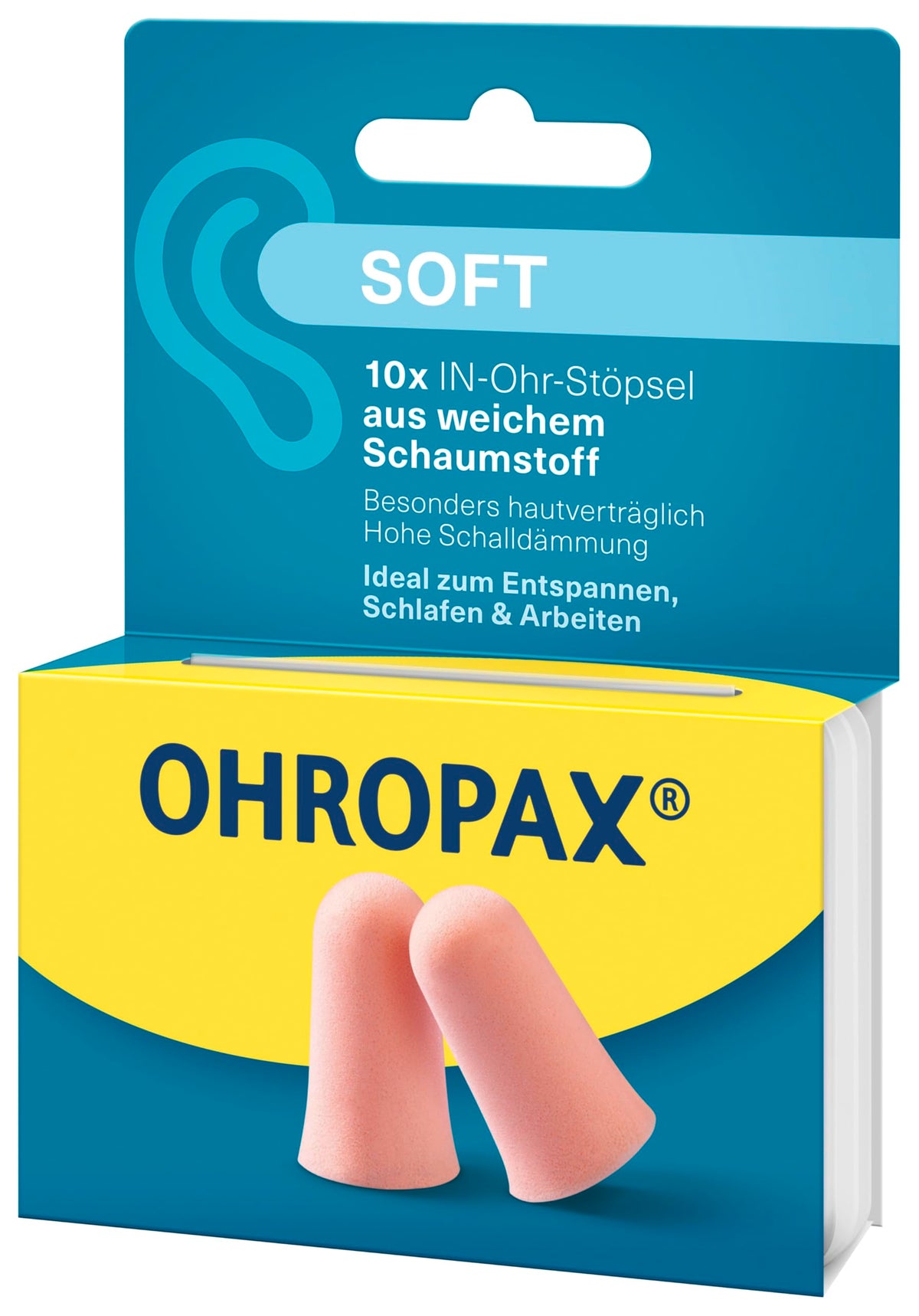 OHROPAX embalaje frontal del producto mostrando 10 tapones y beneficios