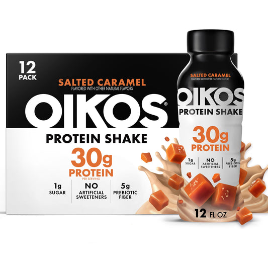 Oikos botella frontal Salted Caramel mostrando etiqueta y beneficio proteico