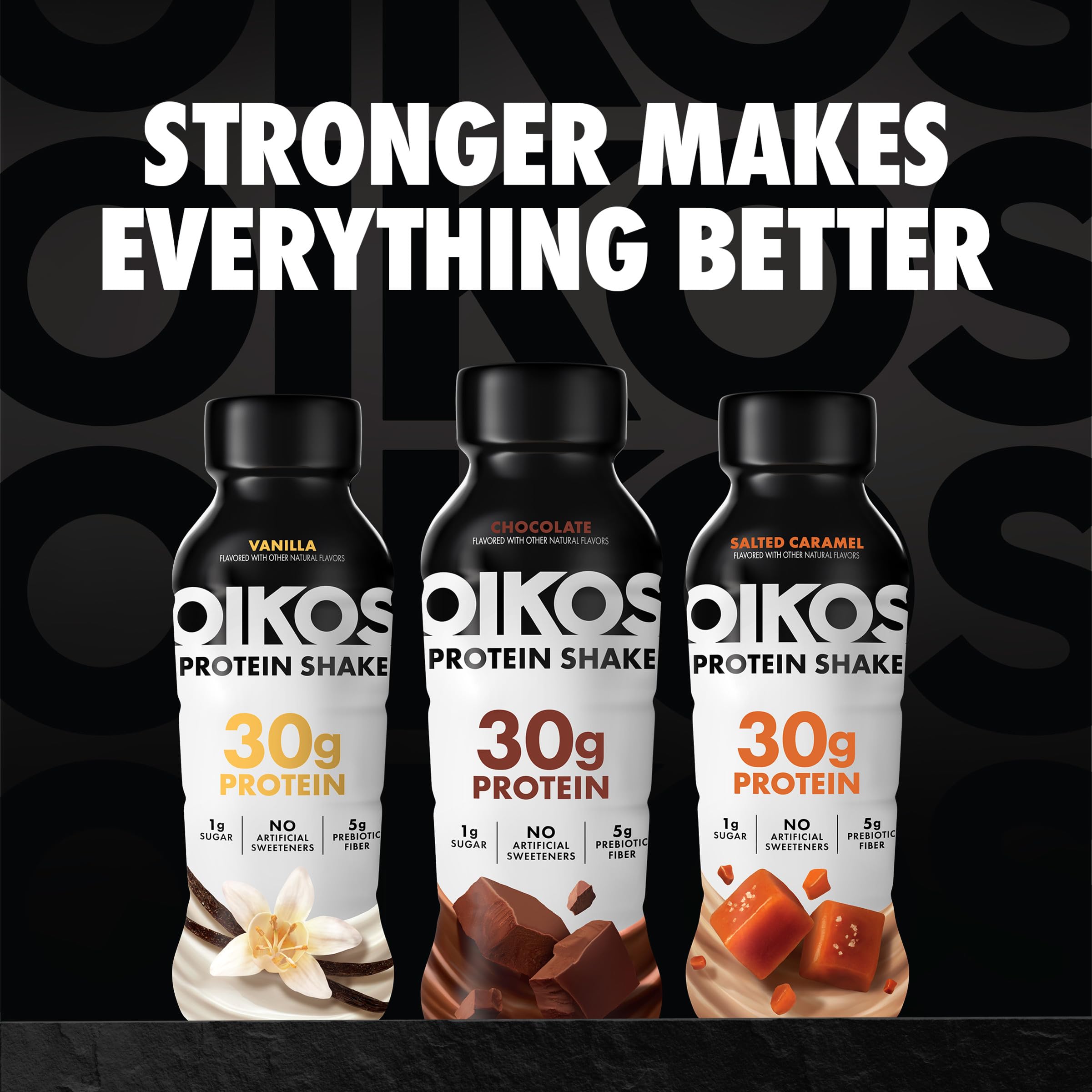 Oikos paquete de 12 botellas mostrando stock para consumo continuado