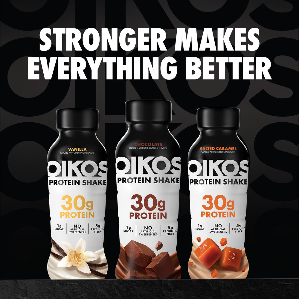 Oikos paquete de 12 botellas mostrando stock para consumo continuado