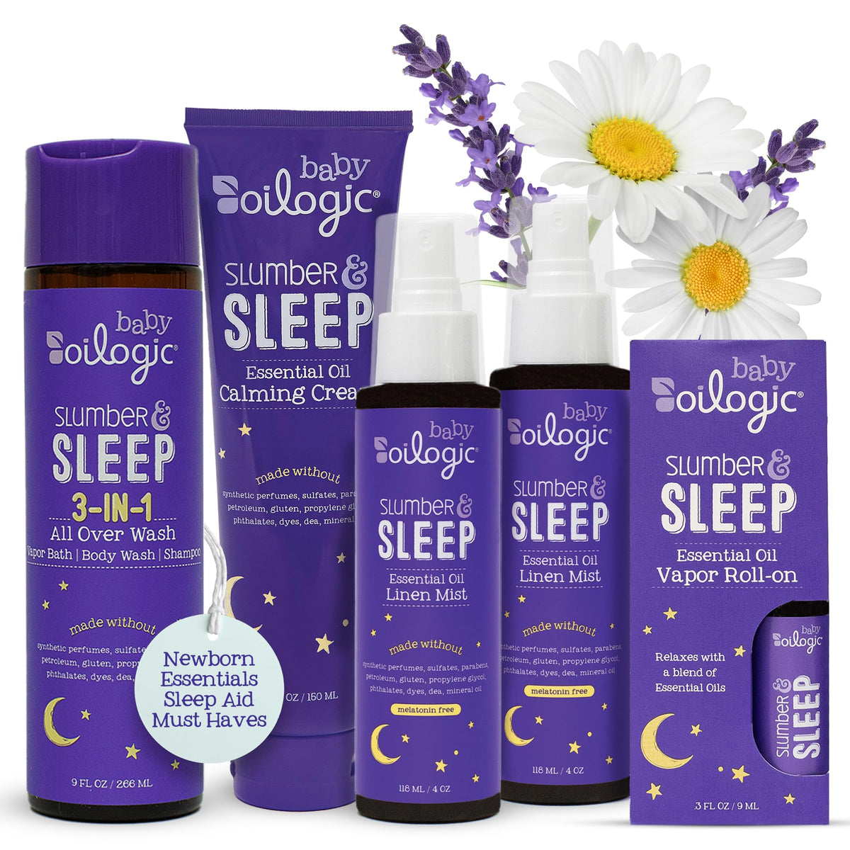Oilogic packaging frontal del set Slumber & Sleep mostrando botellas y etiquetas claras