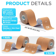 OK TAPE comparación de tamaño mostrando 2in por 16ft total del rollo