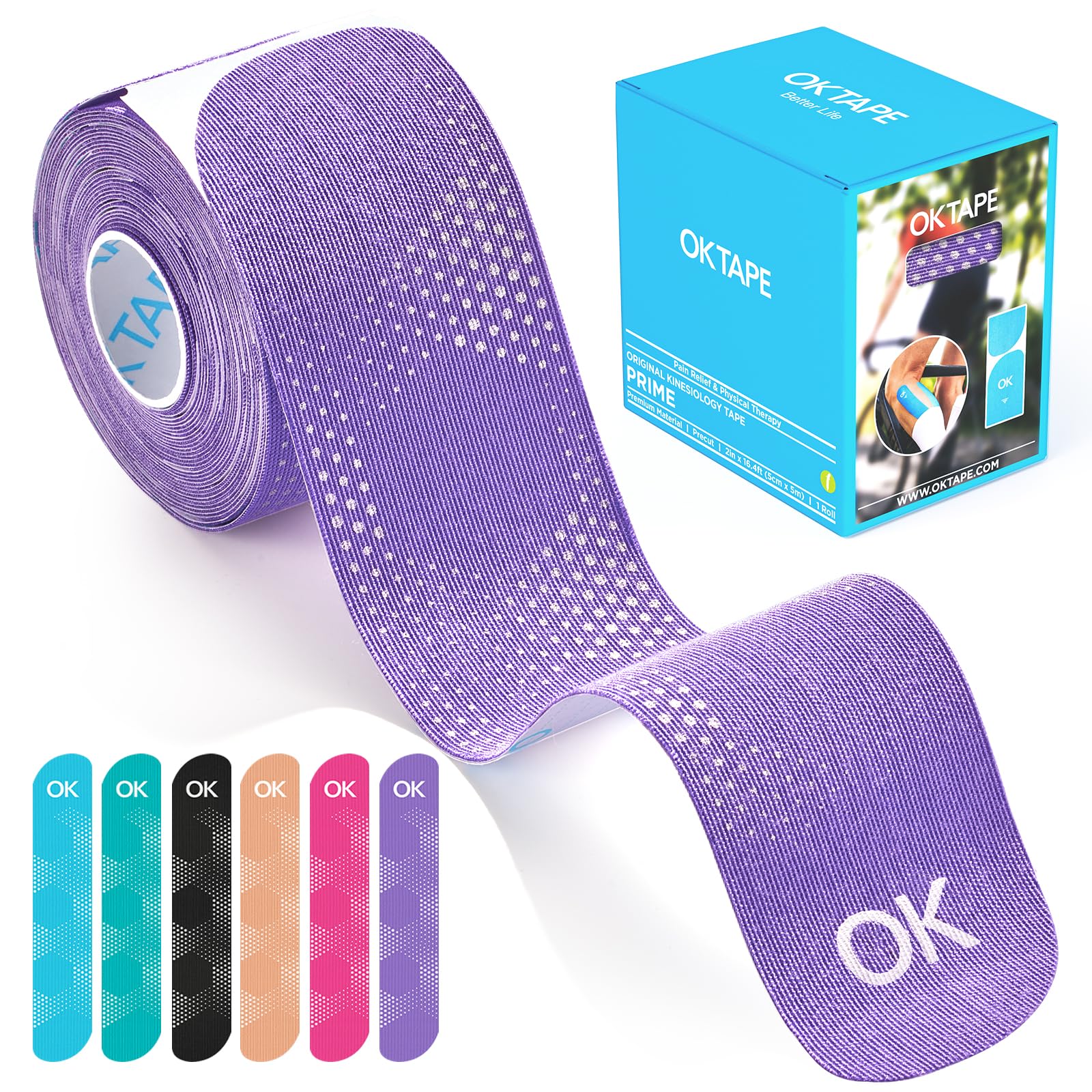 OK TAPE envase frontal mostrando rollo y tiras listas para usar