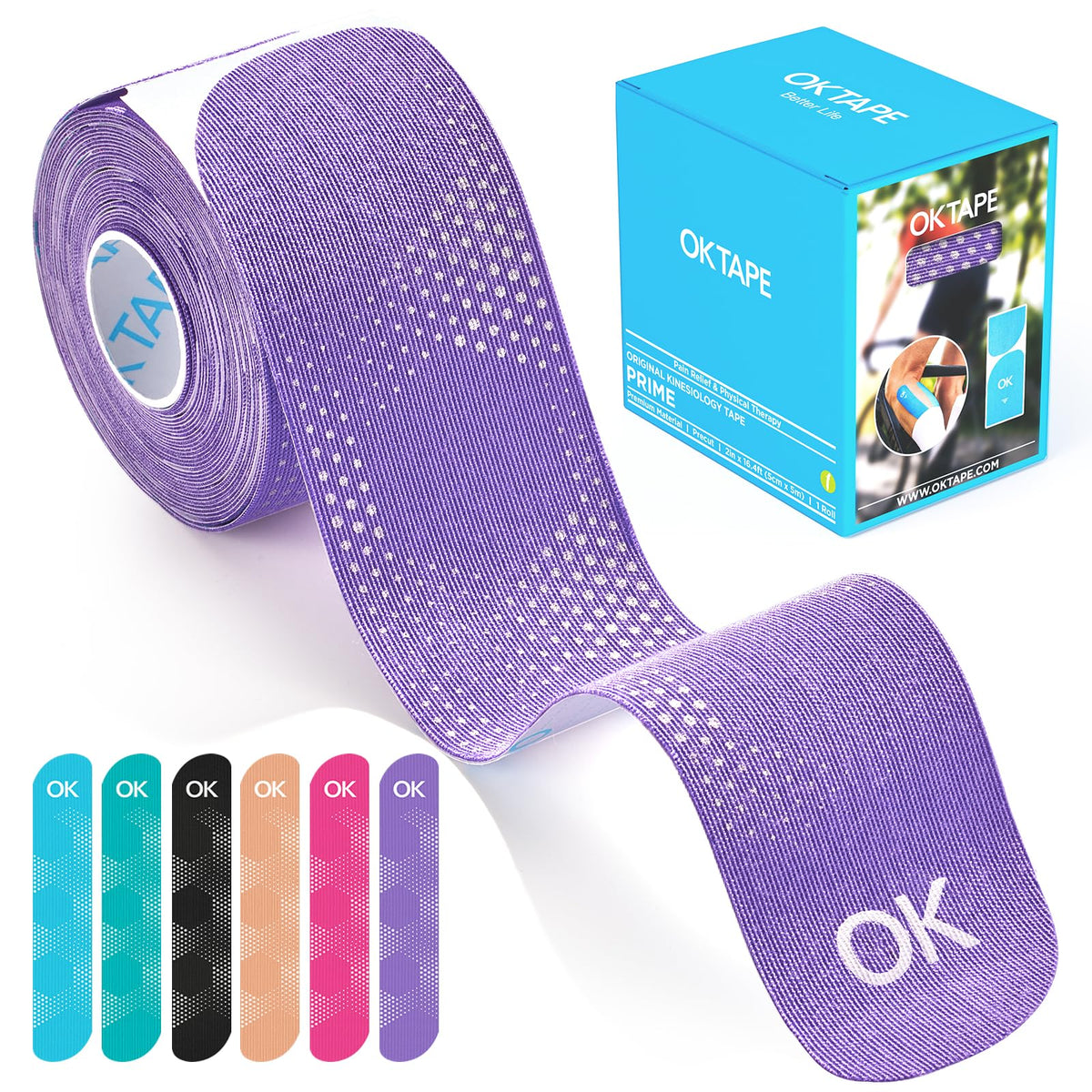 OK TAPE envase frontal mostrando rollo y tiras listas para usar