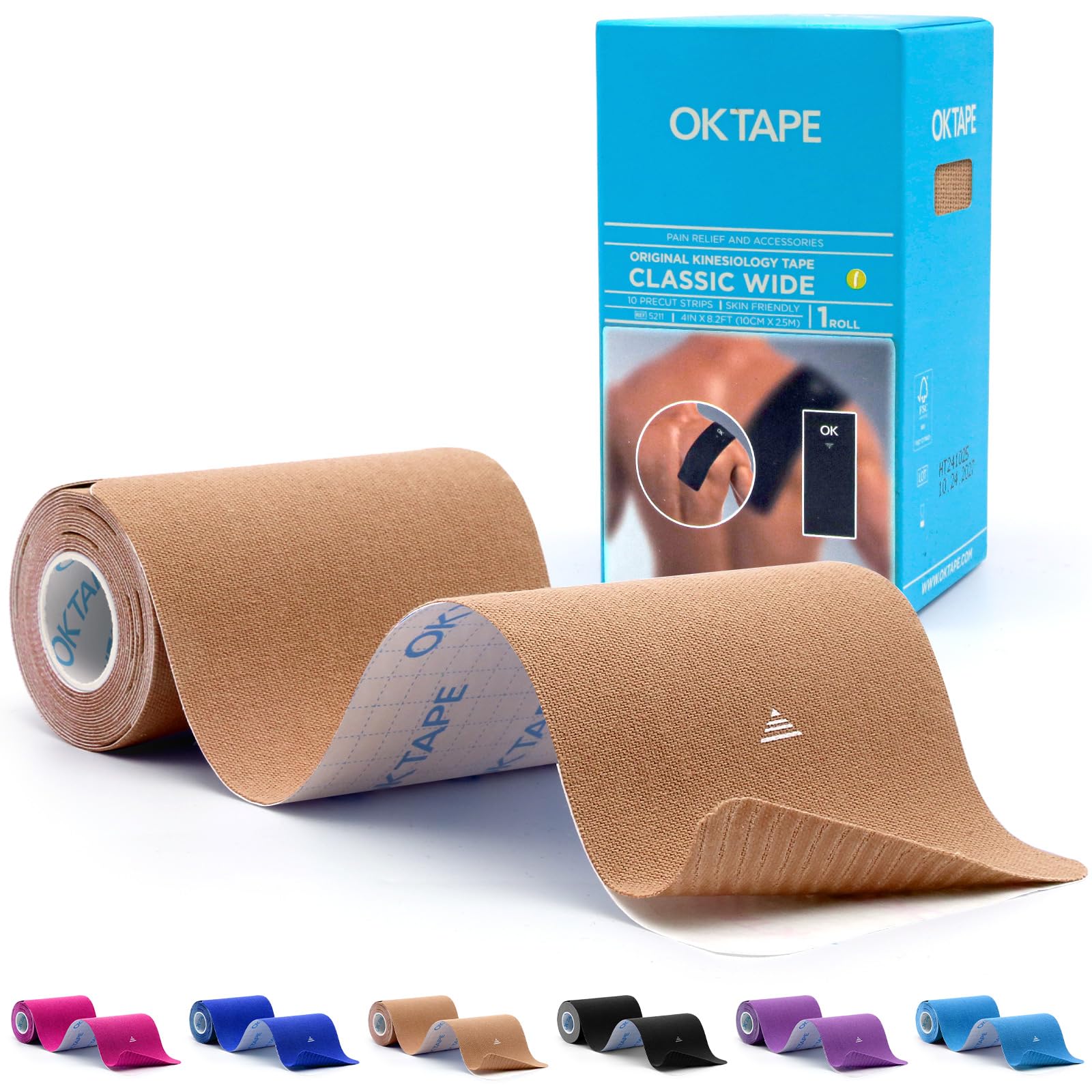 OK TAPE empaque frontal mostrando tiras precortadas y beneficio de aplicación rápida