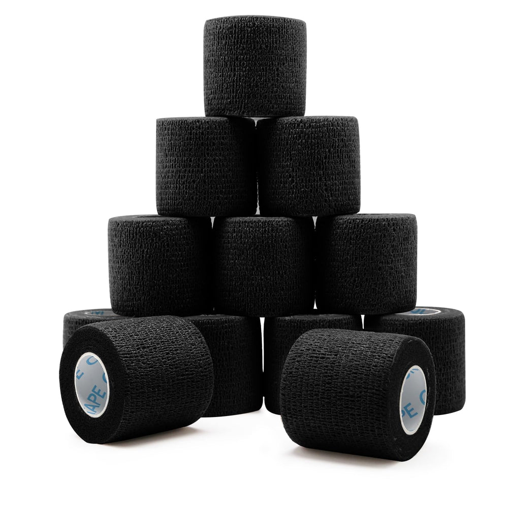 OK TAPE paquete frontal mostrando 12 rollos negros, práctico y compacto