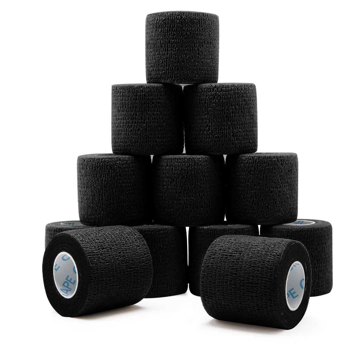 OK TAPE paquete frontal mostrando 12 rollos negros, práctico y compacto