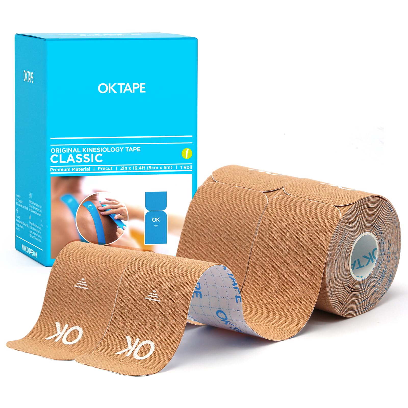 OK TAPE paquete frontal mostrando dos rollos y 20 tiras, ideal para deportistas