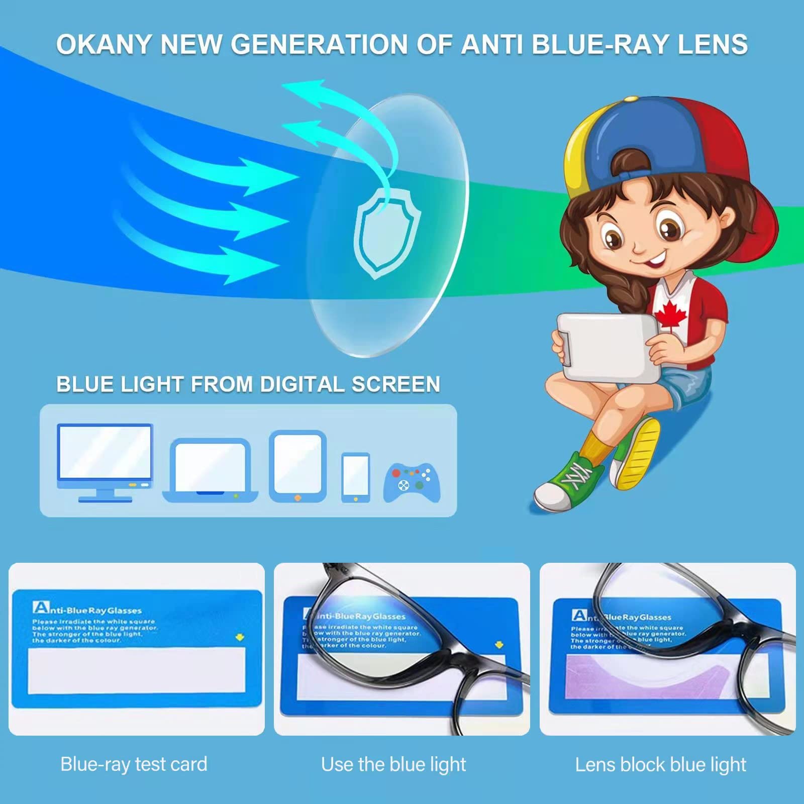 Okany niña usando gafas frente a tablet reduce fatiga visual