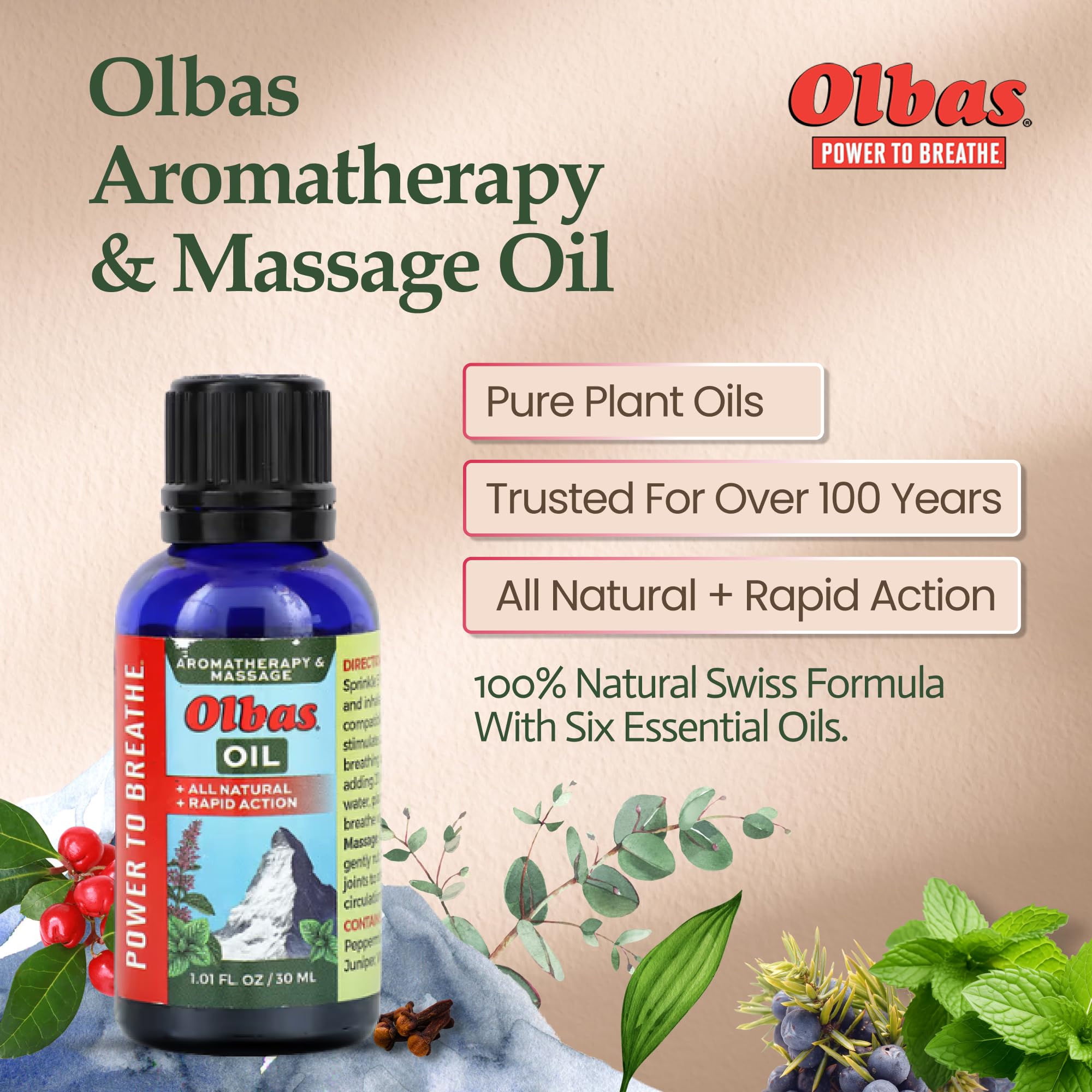 Olbas aceite textura en gota destacando absorción rápida y nutrición