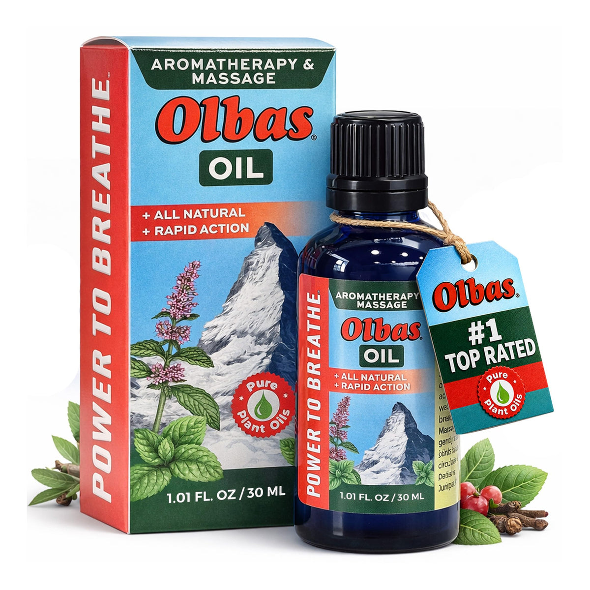 Olbas botella frontal mostrando diseño y tamaño práctico para viajes