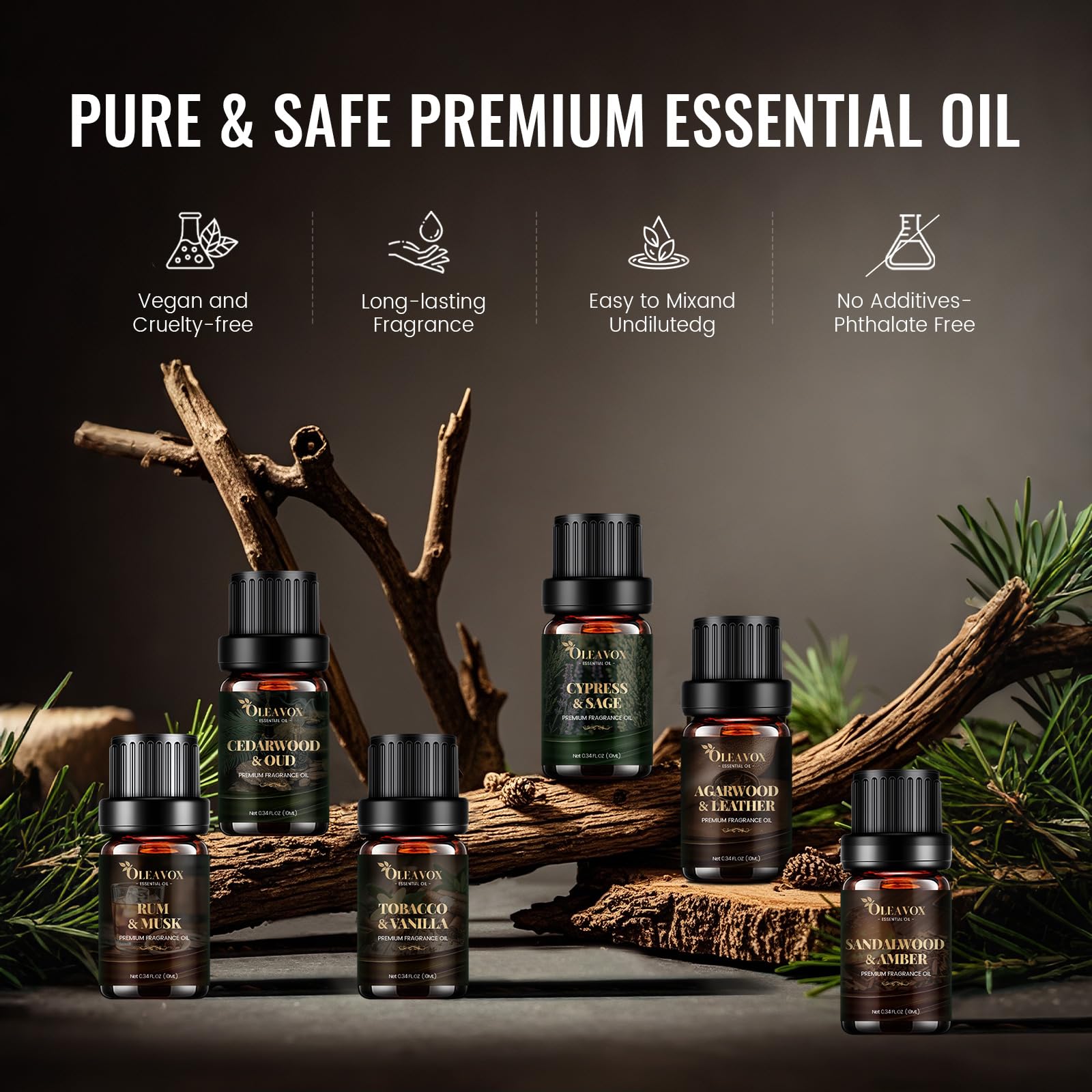 OleaVox Agarwood & Leather etiqueta visible para elección fácil