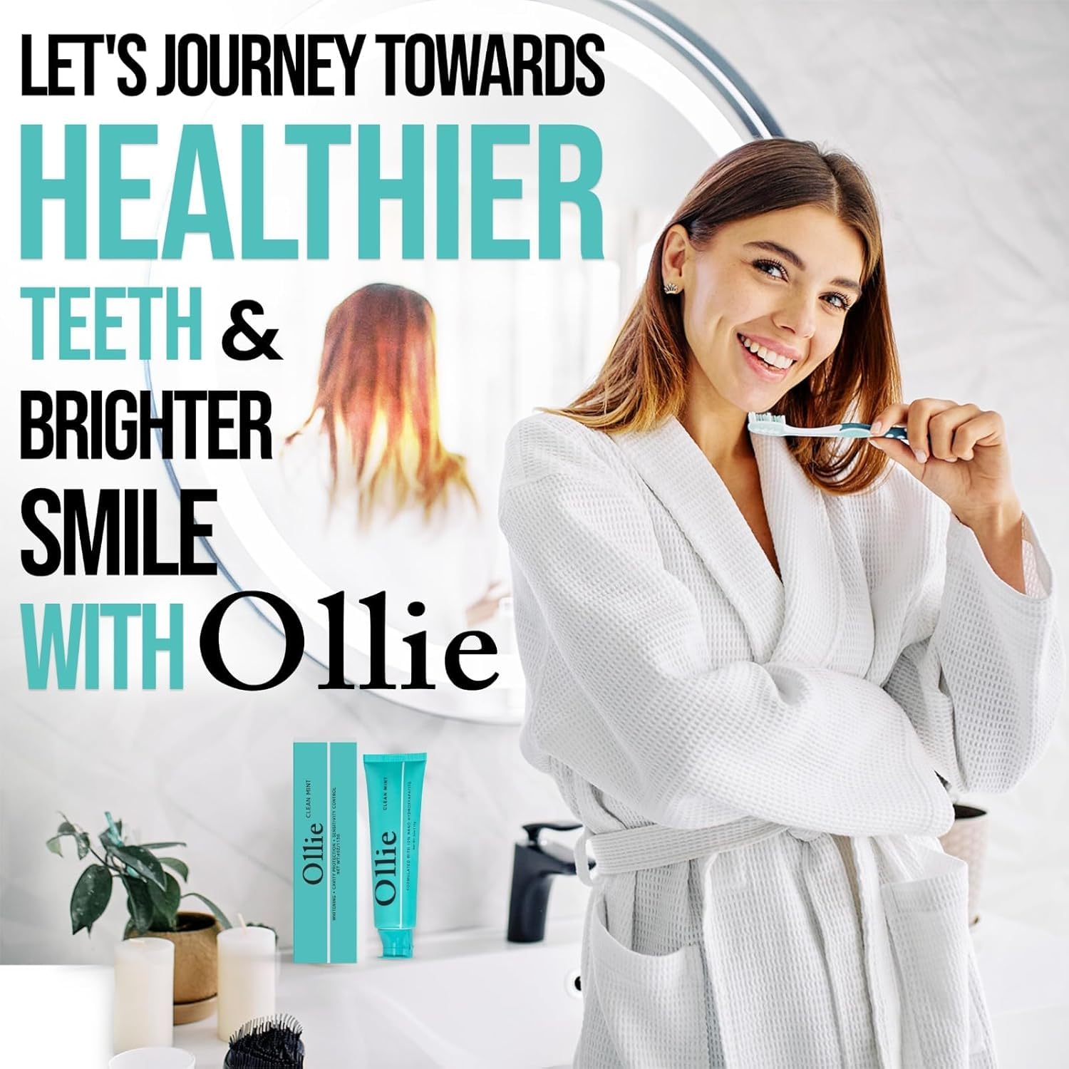 Ollie colocado en baño ordenado mostrando uso diario y estilo de vida saludable