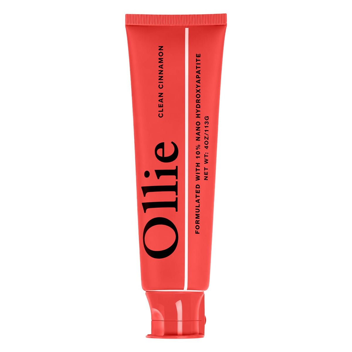 Ollie empaque frontal Clean Cinnamon mostrando sello de 10% HAp y beneficio remineralizante