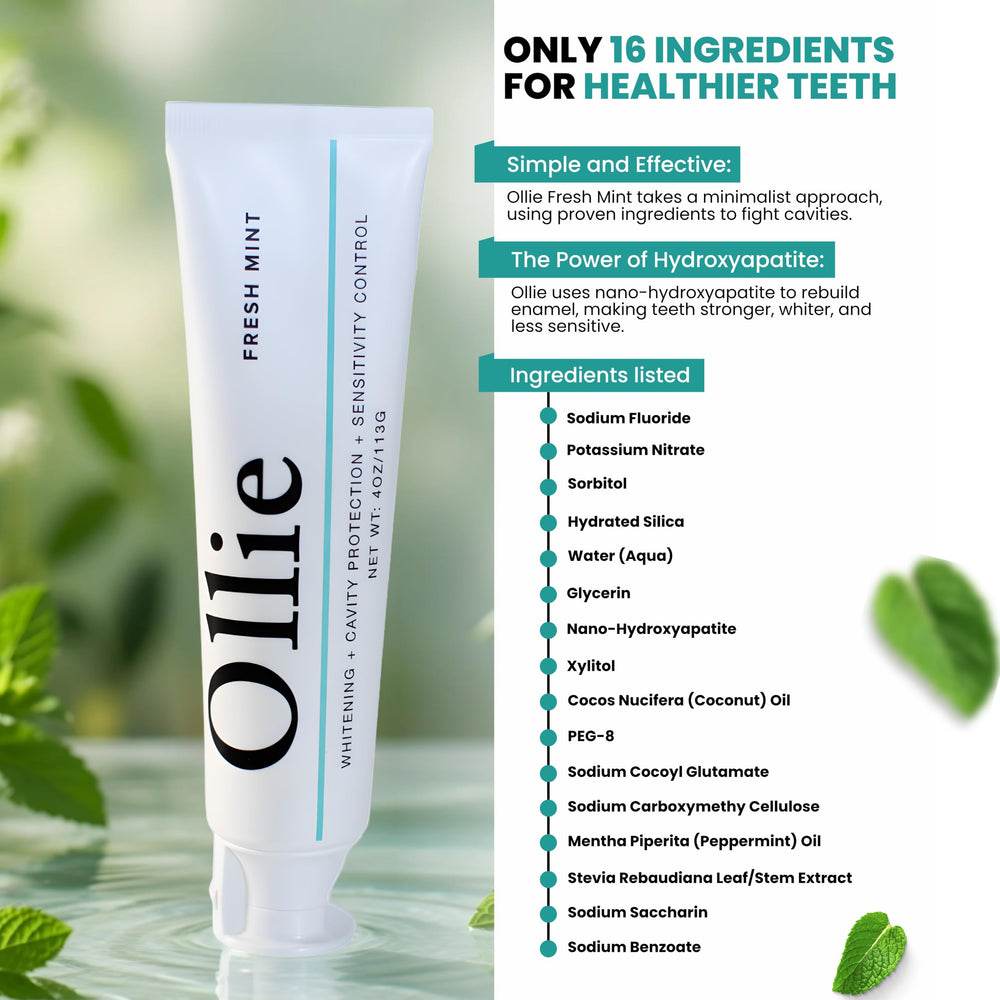 Ollie etiqueta visible con ingredientes clave y ventaja remineralizante