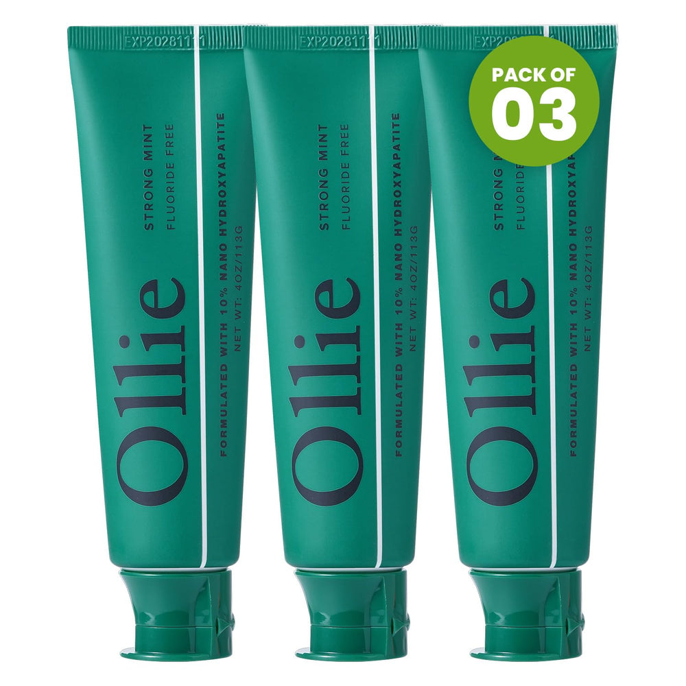 Ollie tubo frente strong mint mostrando diseño y beneficio de remineralización