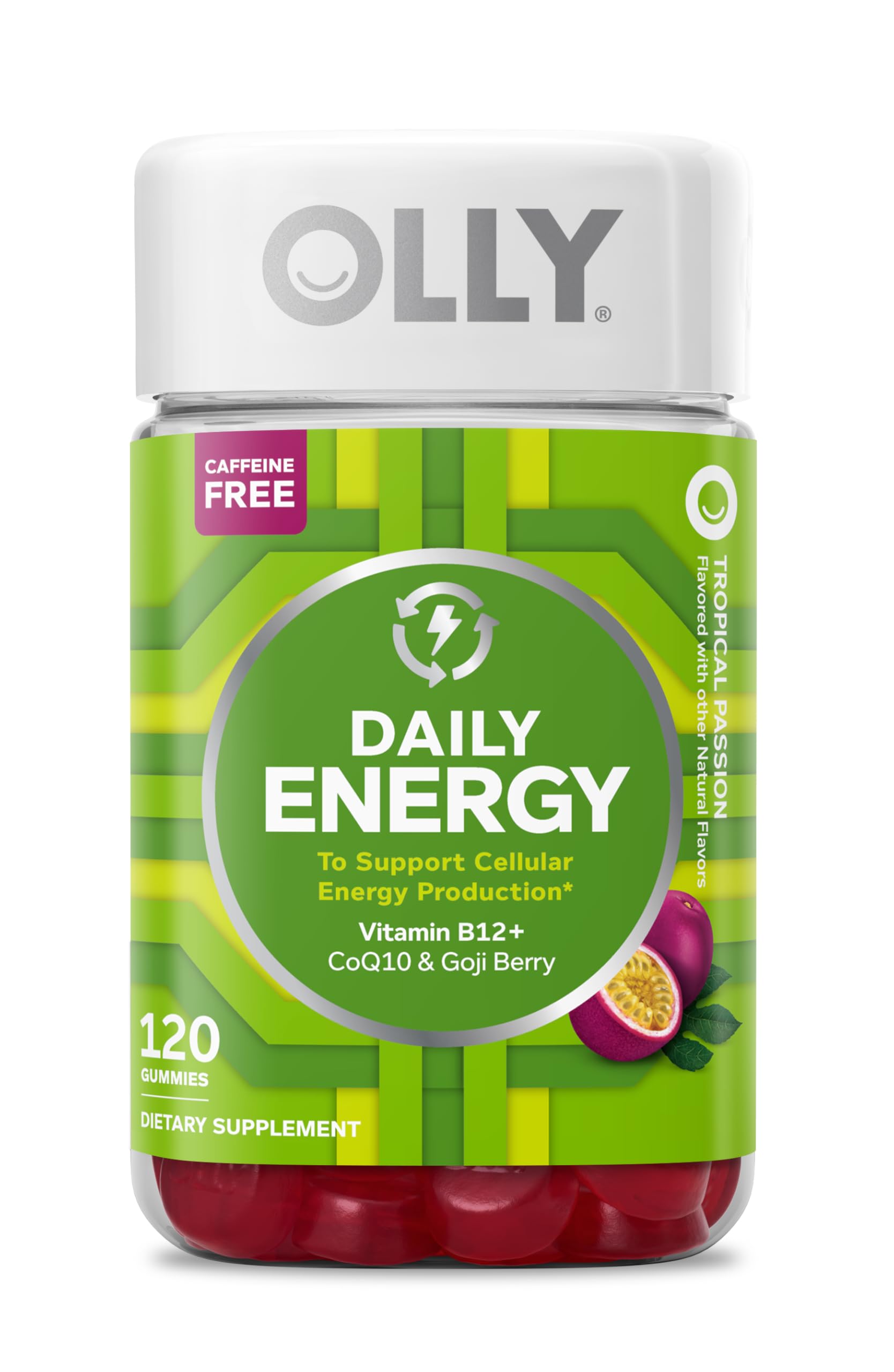 OLLY frasco frontal mostrando 120 gomitas y beneficio de soporte energético