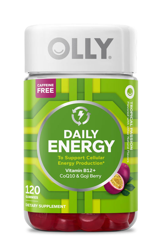 OLLY frasco frontal mostrando 120 gomitas y beneficio de soporte energético