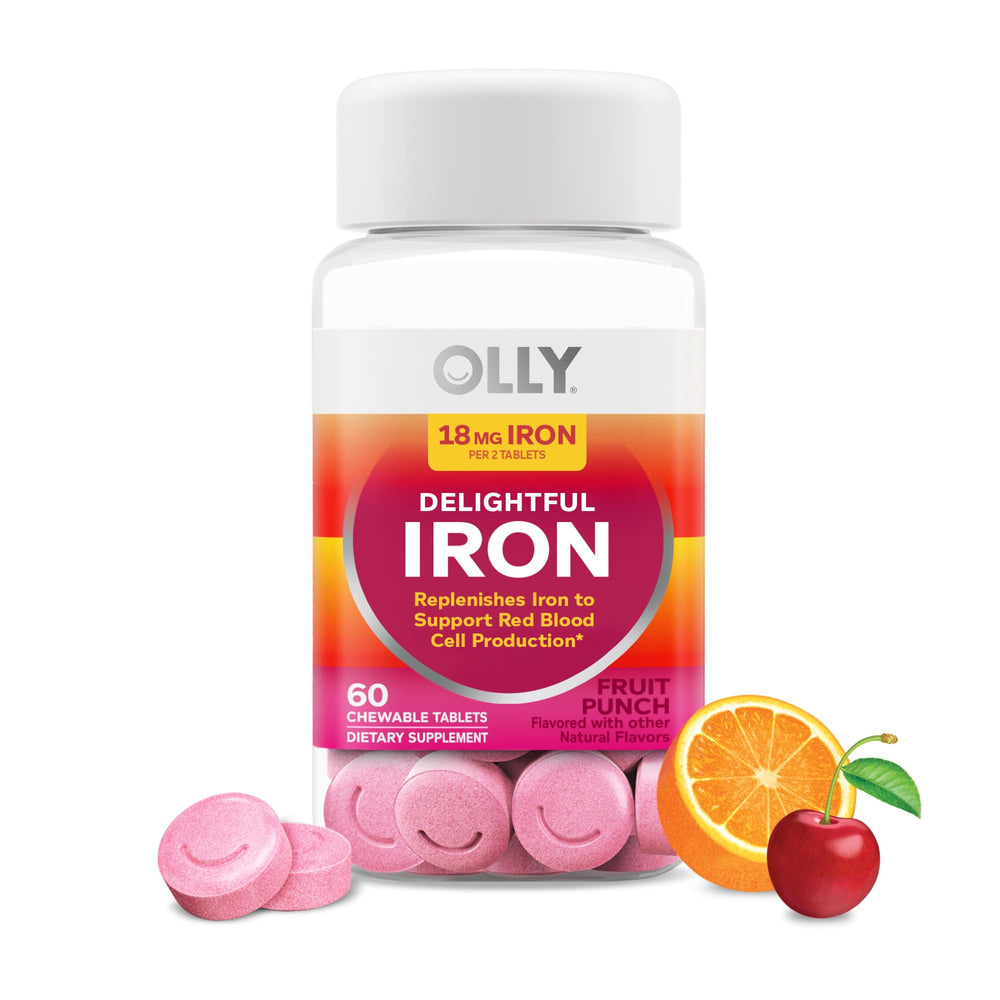 OLLY frasco frontal del suplemento iron con etiqueta clara y beneficio de energía