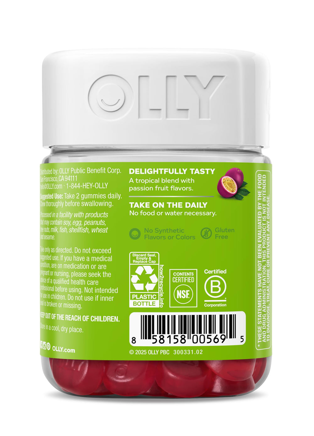 OLLY detalle lateral del empaque con información nutricional legible
