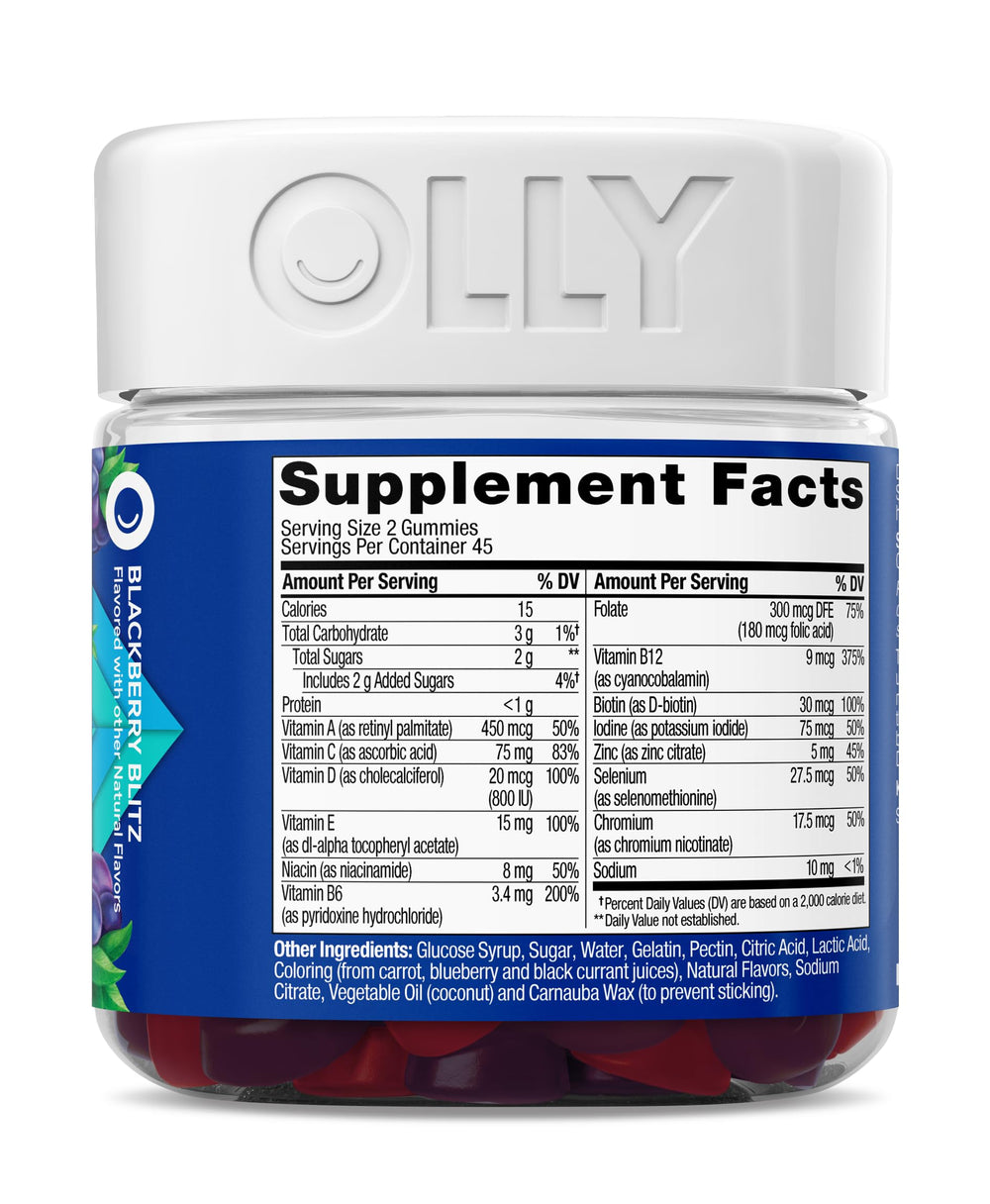 OLLY envase con frutas e ingredientes naturales sugiere sabor mejorado