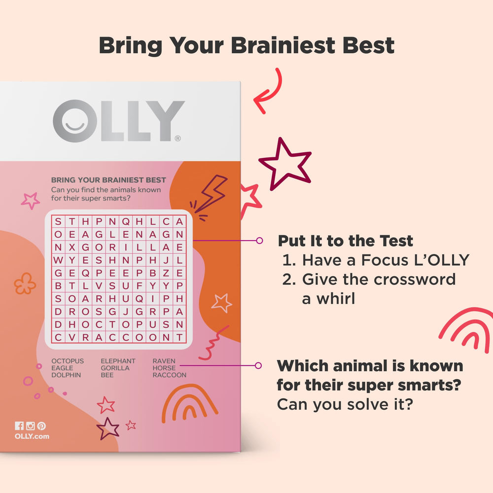 OLLY etiqueta con lista de ingredientes y beneficios para la función cerebral