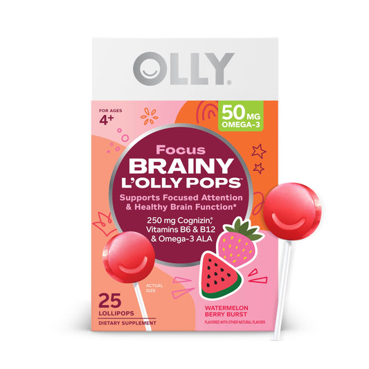 OLLY paquete frontal de piruletas mostrando 25 unidades y beneficio práctica