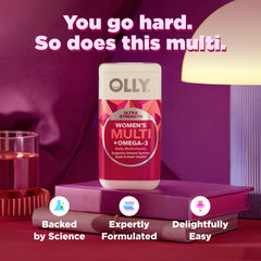OLLY frasco abierto con softgels visibles que facilitan la toma diaria