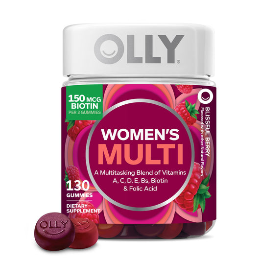 OLLY frasco frontal Blissful Berry mostrando etiqueta y beneficio de bienestar