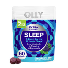 Frasco frontal OLLY Extra Strength Sleep mostrando etiqueta clara y beneficios